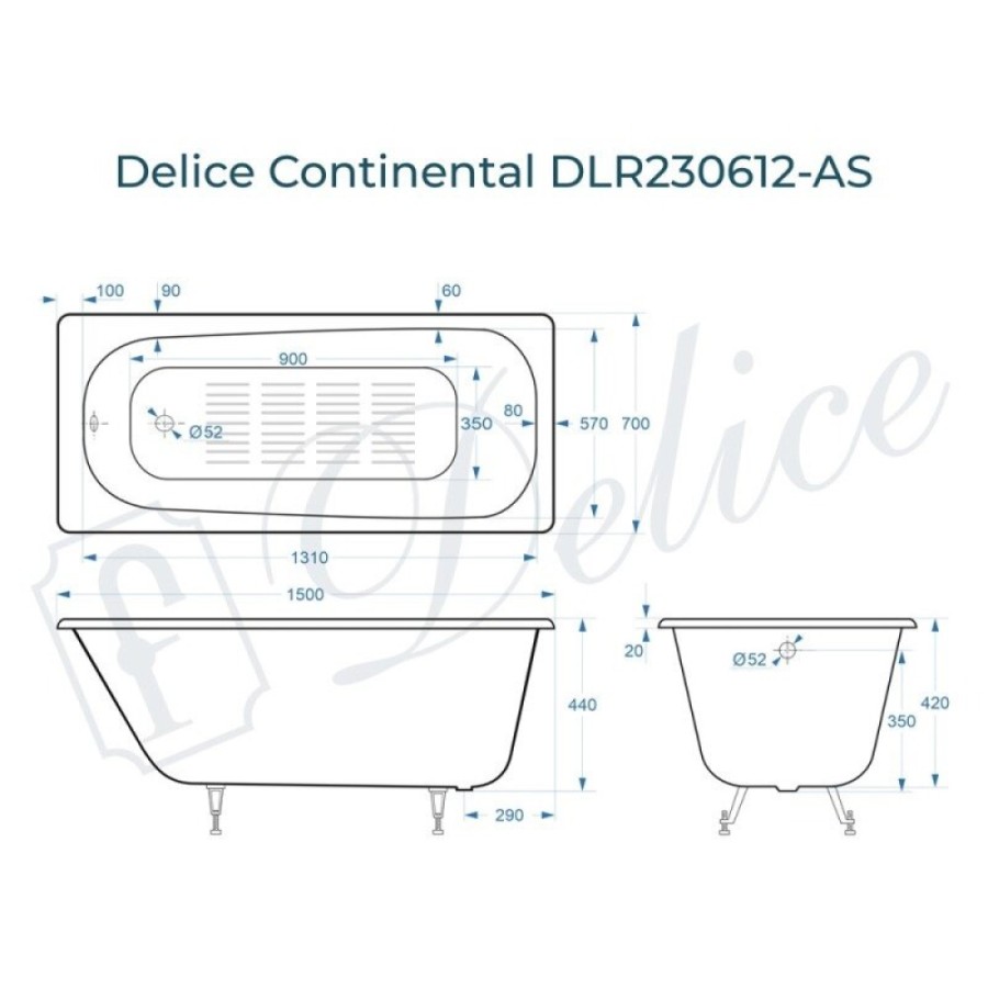 Ванна чугунная Delice Continental DLR230612-AS, 150 х 70 см, антискользящее покрытие, без ручек, цвет белый