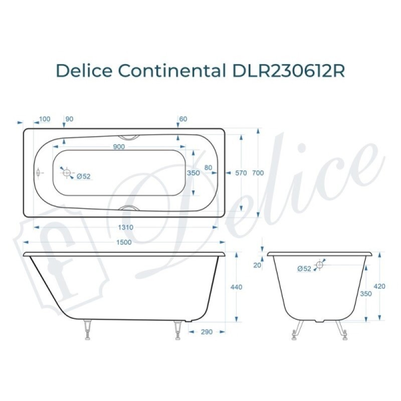 Ванна чугунная Delice Continental DLR230612R, 150 х 70 см, без покрытия, с отверстиями под ручки, без ручек, цвет белый