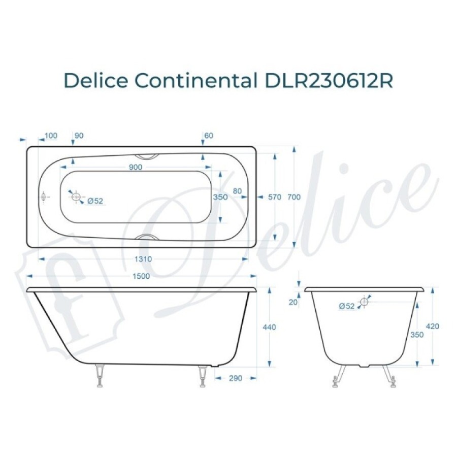Ванна чугунная Delice Continental DLR230612R, 150 х 70 см, без покрытия, с отверстиями под ручки, без ручек, цвет белый