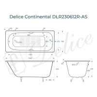 Ванна чугунная Delice Continental DLR230612R-AS, 150 х 70 см, антискользящее покрытие, с отверстиями под ручки, без ручек, цвет белый
