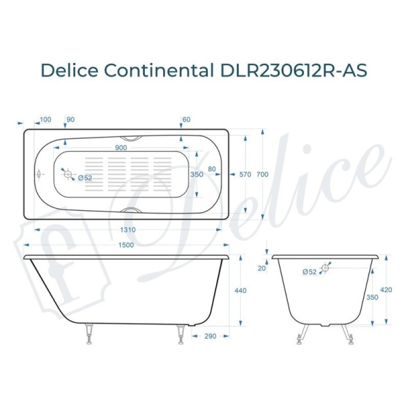 Ванна чугунная Delice Continental DLR230612R-AS, 150 х 70 см, антискользящее покрытие, с отверстиями под ручки, без ручек, цвет белый