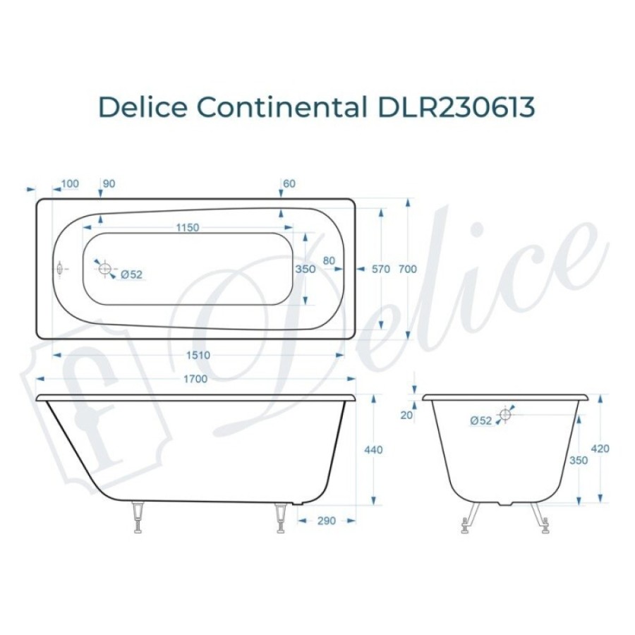 Ванна чугунная Delice Continental DLR230613, 170 х 70 см, без покрытия, без ручек, цвет белый