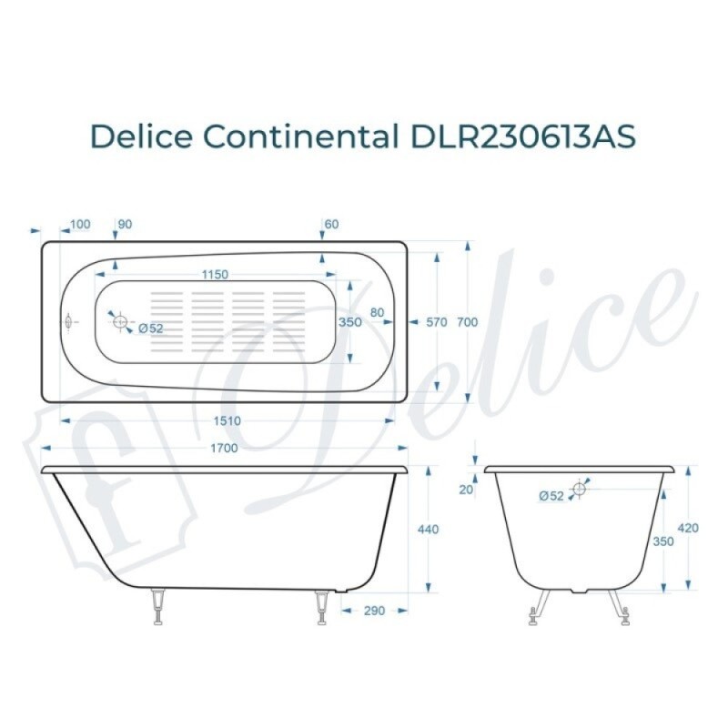 Ванна чугунная Delice Continental DLR230613-AS, 170 х 70 см, антискользящее покрытие, без ручек, цвет белый