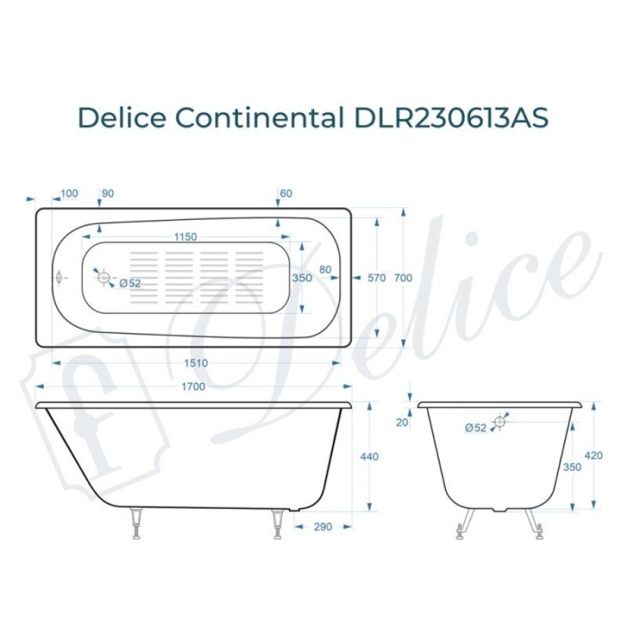 Ванна чугунная Delice Continental DLR230613-AS, 170 х 70 см, антискользящее покрытие, без ручек, цвет белый