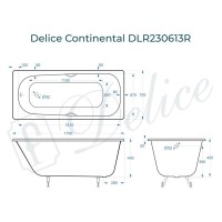 Ванна чугунная Delice Continental DLR230613R, 170 х 70 см, без покрытия, с отверстиями под ручки, без ручек, цвет белый