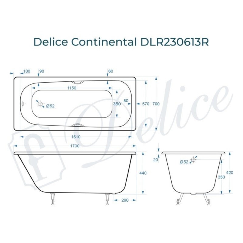 Ванна чугунная Delice Continental DLR230613R, 170 х 70 см, без покрытия, с отверстиями под ручки, без ручек, цвет белый