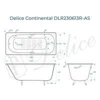 Ванна чугунная Delice Continental DLR230613R-AS, 170 х 70 см, антискользящее покрытие, с отверстиями под ручки, без ручек, цвет белый