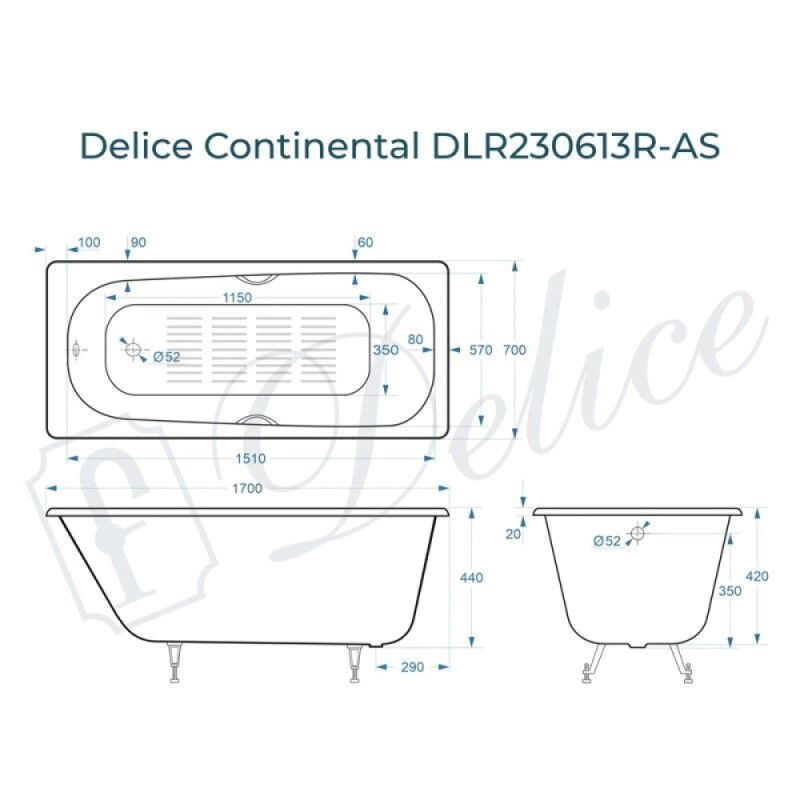 Ванна чугунная Delice Continental DLR230613R-AS, 170 х 70 см, антискользящее покрытие, с отверстиями под ручки, без ручек, цвет белый