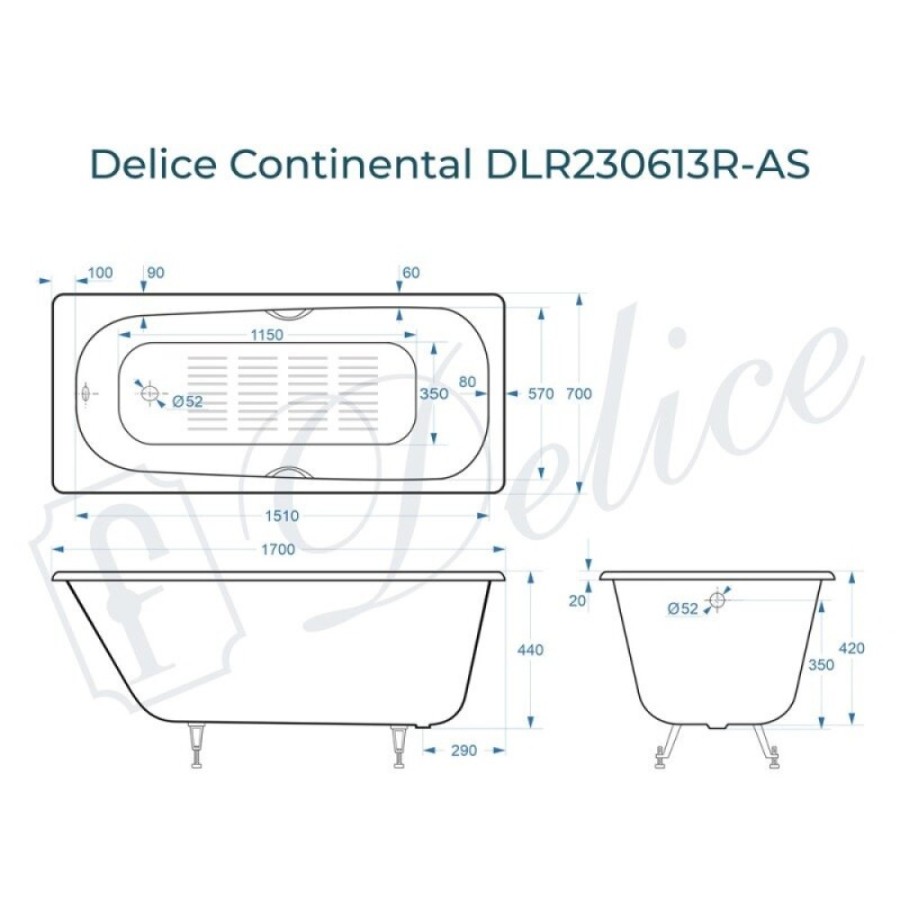 Ванна чугунная Delice Continental DLR230613R-AS, 170 х 70 см, антискользящее покрытие, с отверстиями под ручки, без ручек, цвет белый