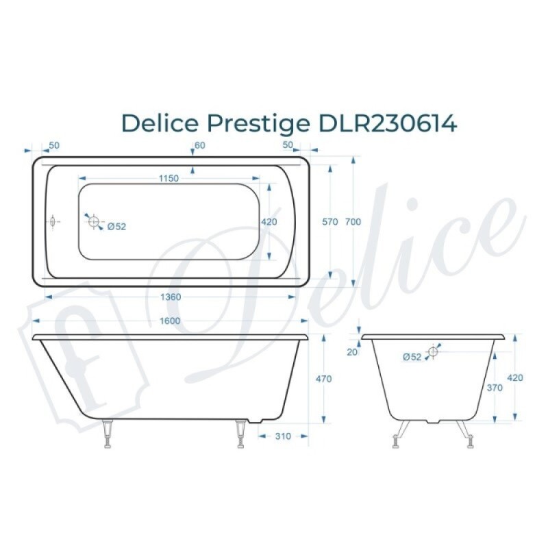 Ванна чугунная Delice Prestige DLR230614, 160 х 70 см, без покрытия, без ручек, цвет белый