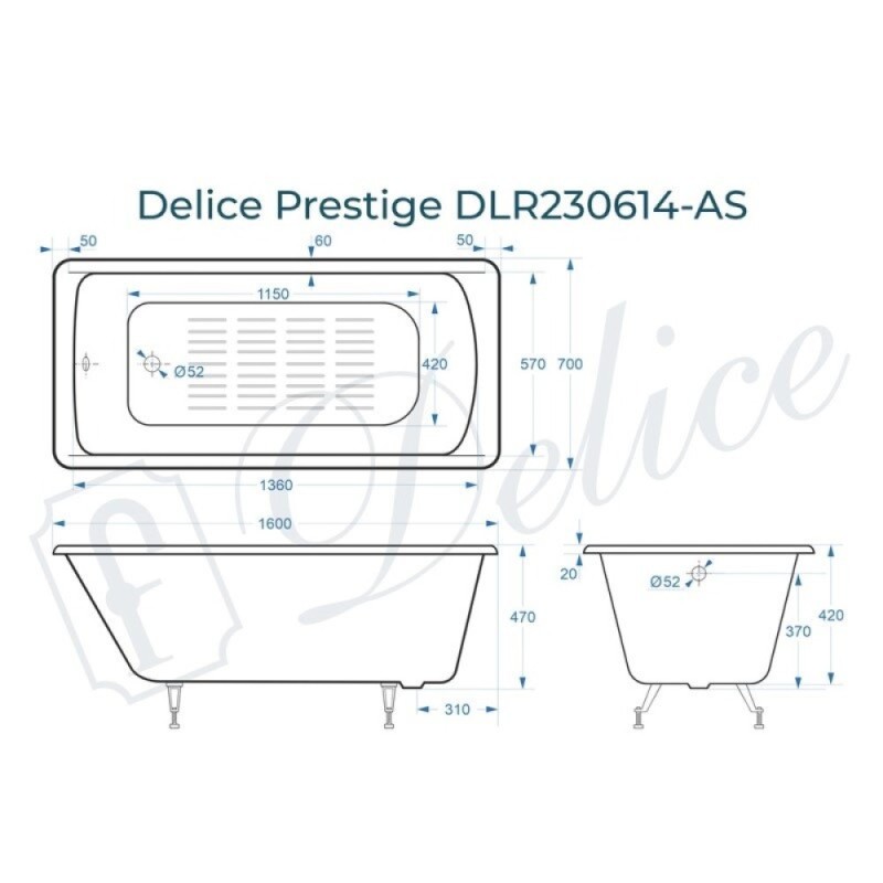 Ванна чугунная Delice Prestige DLR230614-AS, 160 х 70 см, антискользящее покрытие, без ручек, цвет белый