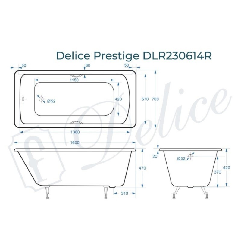 Ванна чугунная Delice Prestige DLR230614R, 160 х 70 см, без покрытия, с отверстиями под ручки, без ручек, цвет белый