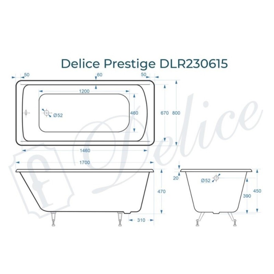 Ванна чугунная Delice Prestige DLR230615, 170 х 80 см, без ручек, без покрытия, цвет белый