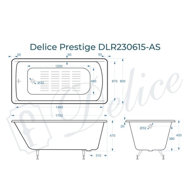 Ванна чугунная Delice Prestige DLR230615-AS, 170 х 80 см, антискользящее покрытие, без ручек, цвет белый