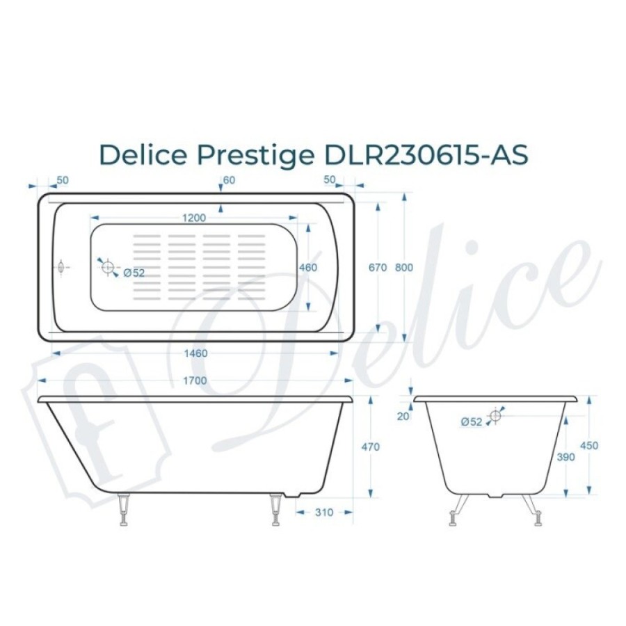 Ванна чугунная Delice Prestige DLR230615-AS, 170 х 80 см, антискользящее покрытие, без ручек, цвет белый