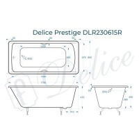 Ванна чугунная Delice Prestige DLR230615R, 170 х 80 см, без покрытия, с отверстиями под ручки, без ручек, цвет белый