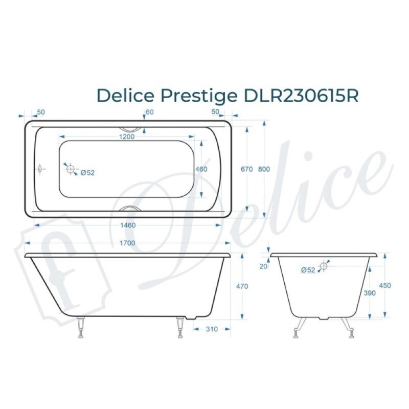 Ванна чугунная Delice Prestige DLR230615R, 170 х 80 см, без покрытия, с отверстиями под ручки, без ручек, цвет белый