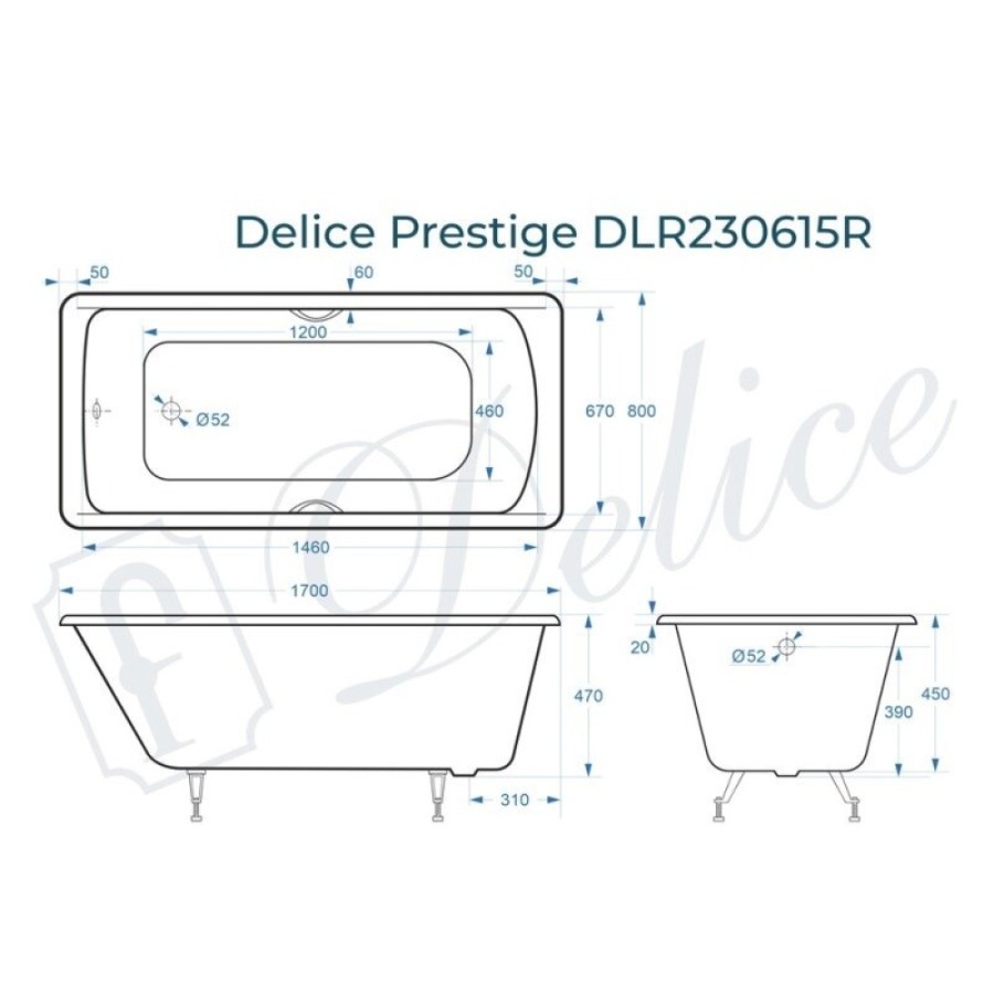 Ванна чугунная Delice Prestige DLR230615R, 170 х 80 см, без покрытия, с отверстиями под ручки, без ручек, цвет белый