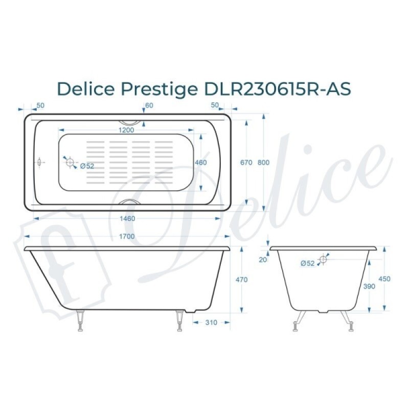 Ванна чугунная Delice Prestige DLR230615R-AS, 170 х 80 см, антискользящее покрытие, с отверстиями под ручки, без ручек, цвет белый