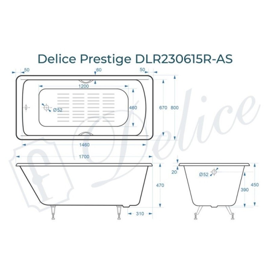 Ванна чугунная Delice Prestige DLR230615R-AS, 170 х 80 см, антискользящее покрытие, с отверстиями под ручки, без ручек, цвет белый