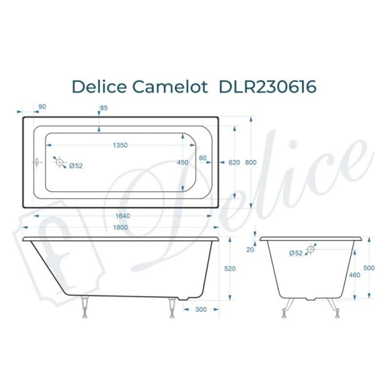Ванна чугунная Delice Camelot DLR230616, 180 х 80 см, без покрытия, без ручек, цвет белый