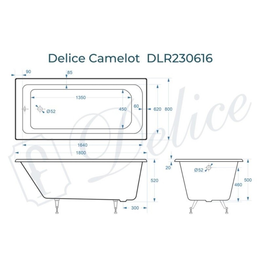 Ванна чугунная Delice Camelot DLR230616, 180 х 80 см, без покрытия, без ручек, цвет белый