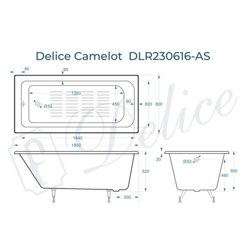 Ванна чугунная Delice Camelot DLR230616-AS, 180 х 80 см, антискользящее покрытие, без ручек, цвет белый