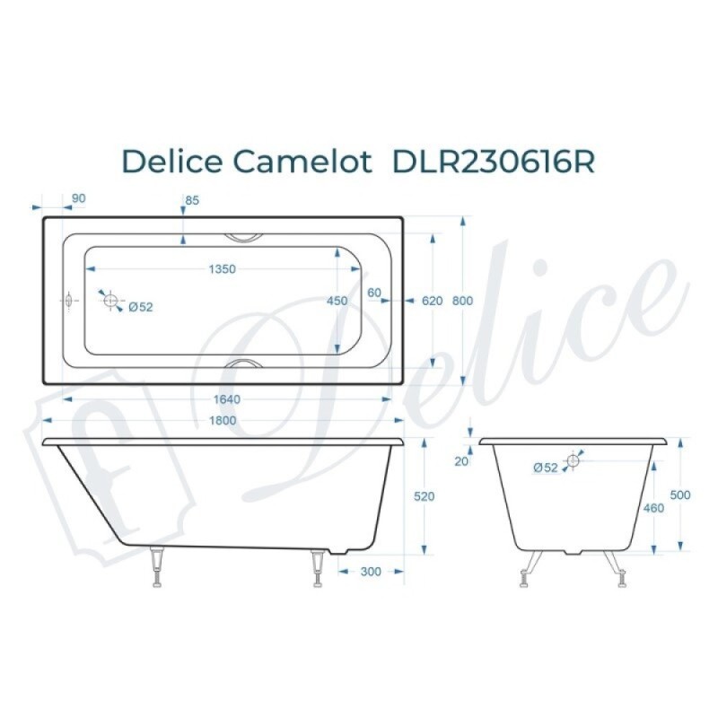 Ванна чугунная Delice Camelot DLR230616R, 180 х 80 см, без покрытия, с отверстиями под ручки, без ручек, цвет белый