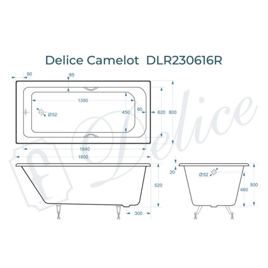 Ванна чугунная Delice Camelot DLR230616R, 180 х 80 см, без покрытия, с отверстиями под ручки, без ручек, цвет белый
