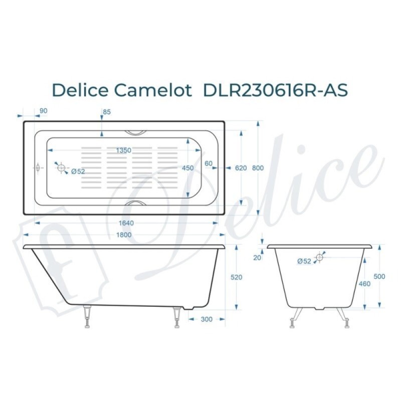 Ванна чугунная Delice Camelot DLR230616R-AS, 180 х 80 см, антискользящее покрытие, с отверстиями под ручки, без ручек, цвет белый