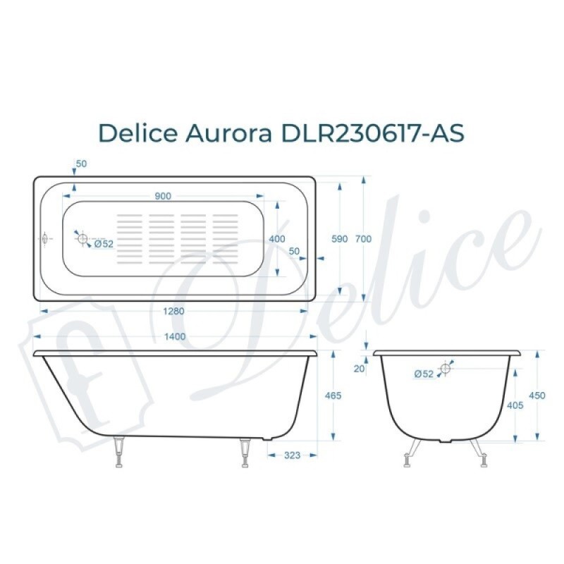 Ванна чугунная Delice Aurora DLR230617-AS, 140 х 70 см, антискользящее покрытие, без ручек, цвет белый