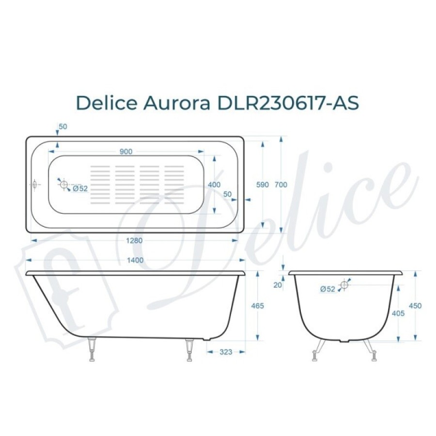 Ванна чугунная Delice Aurora DLR230617-AS, 140 х 70 см, антискользящее покрытие, без ручек, цвет белый