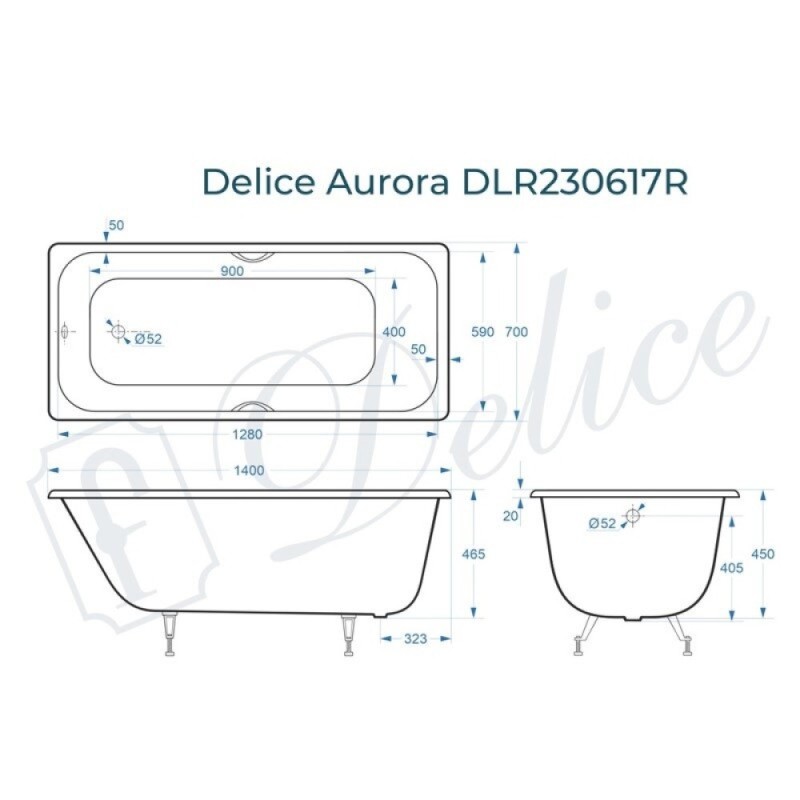 Ванна чугунная Delice Aurora DLR230617R, 140 х 70 см, без покрытия, с отверстиями под ручки, без ручек, цвет белый