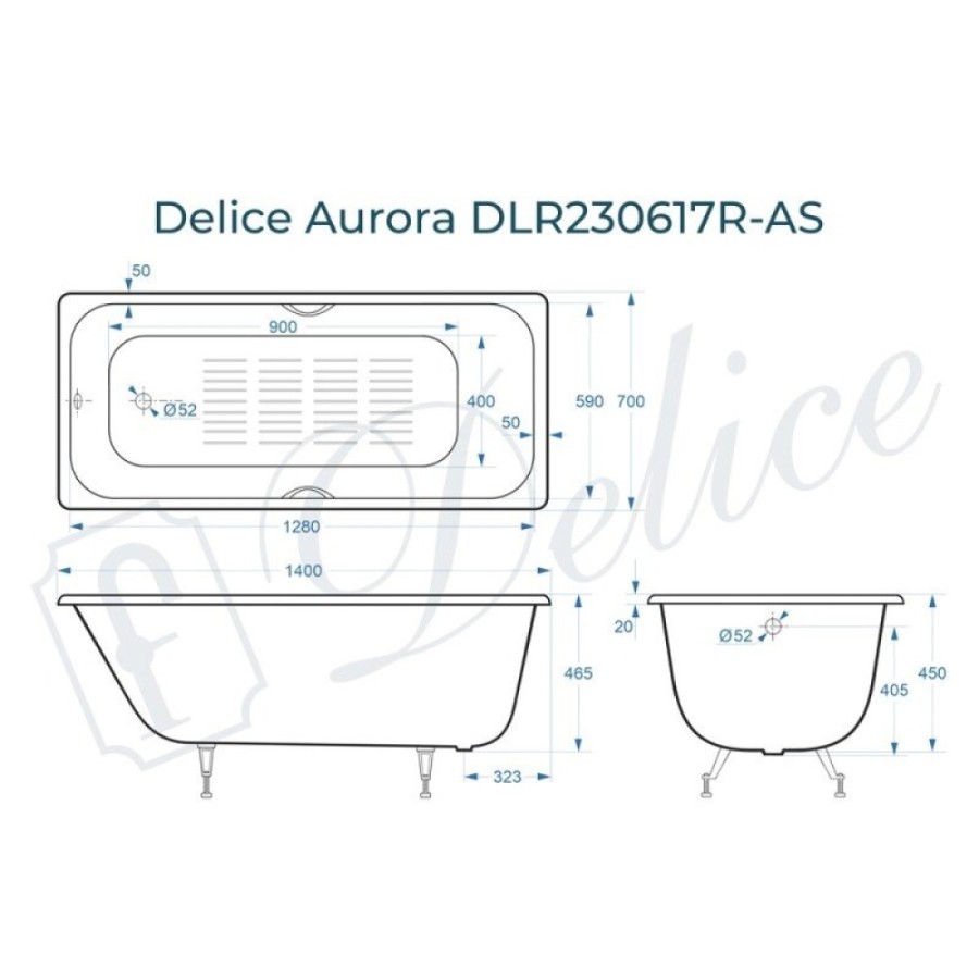 Ванна чугунная Delice Aurora DLR230617R-AS, 140 х 70 см, антискользящее покрытие, с отверстиями под ручки, без ручек, цвет белый