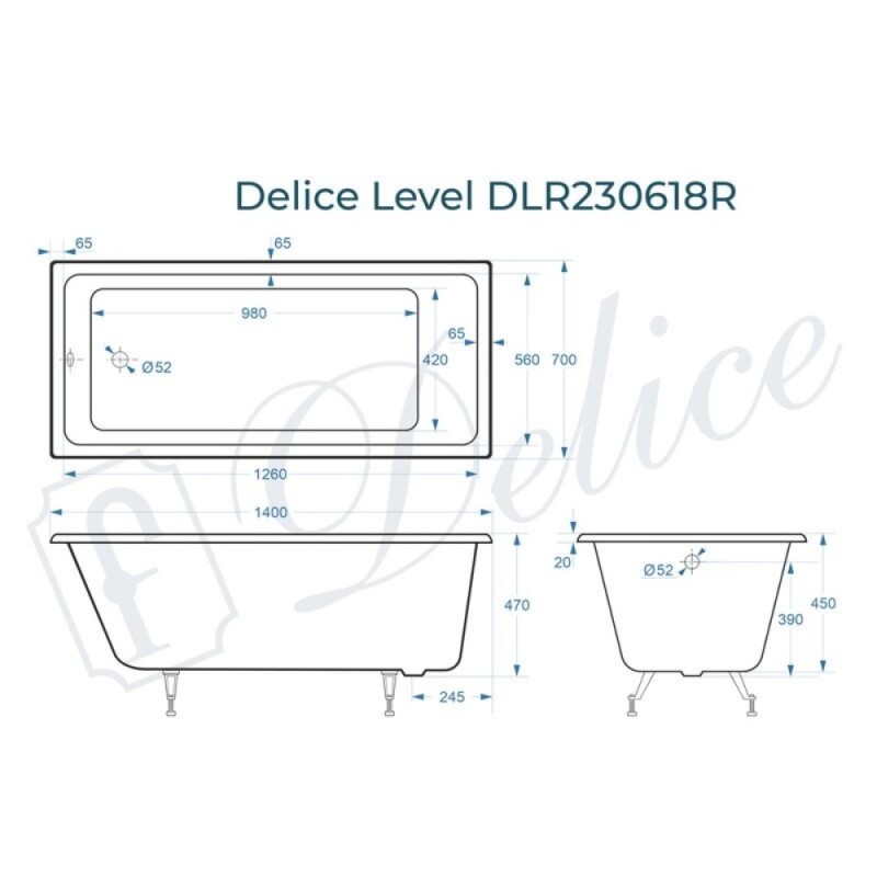 Ванна чугунная Delice Level DLR230618, 140 х 70 см, без покрытия, без ручек, цвет белый