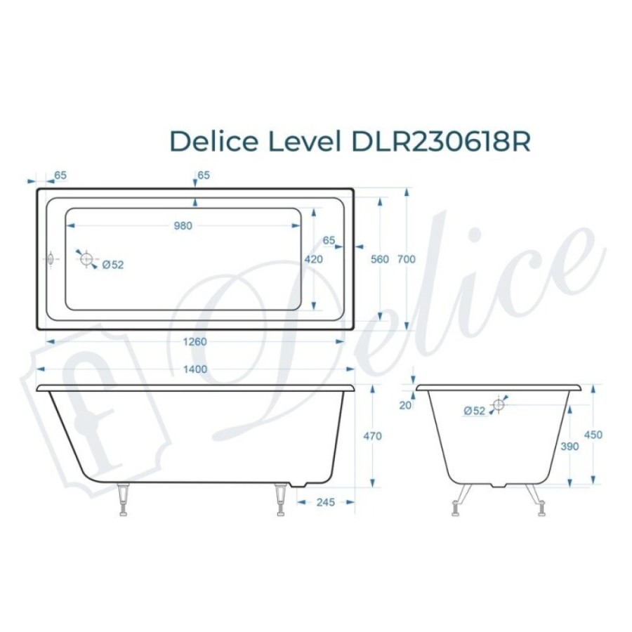 Ванна чугунная Delice Level DLR230618, 140 х 70 см, без покрытия, без ручек, цвет белый