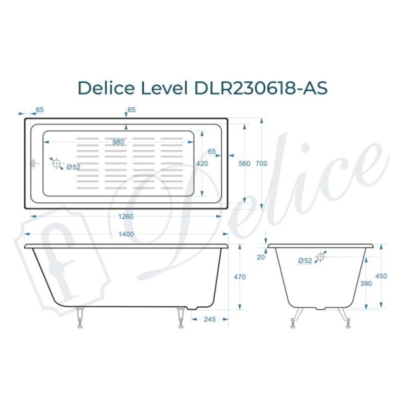 Ванна чугунная Delice Level DLR230618-AS, 140 х 70 см, антискользящее покрытие, без ручек, цвет белый