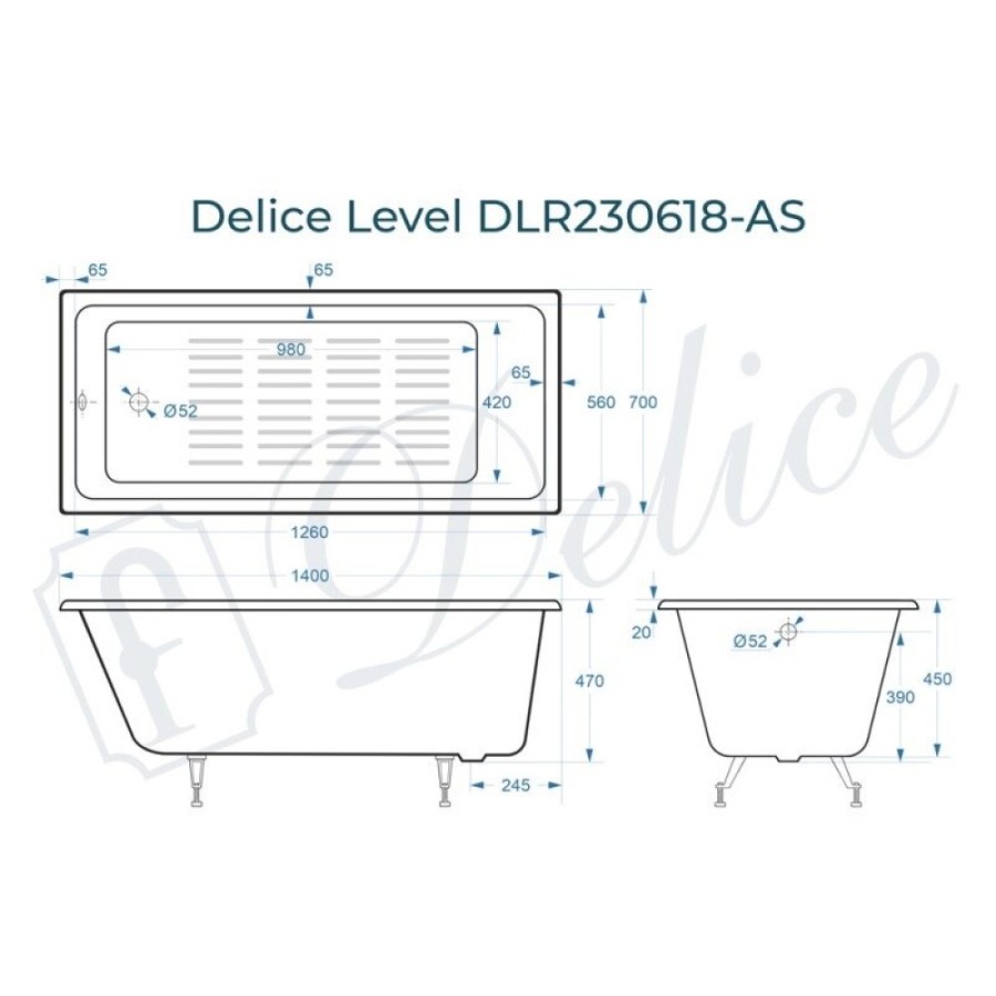 Ванна чугунная Delice Level DLR230618-AS, 140 х 70 см, антискользящее покрытие, без ручек, цвет белый