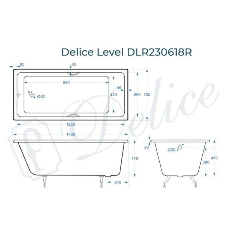 Ванна чугунная Delice Level DLR230618R, 140 х 70 см, без покрытия, с отверстиями под ручки, без ручек, цвет белый