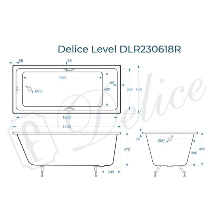 Ванна чугунная Delice Level DLR230618R, 140 х 70 см, без покрытия, с отверстиями под ручки, без ручек, цвет белый