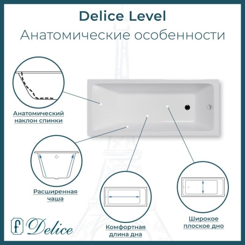 Ванна чугунная Delice Level DLR230618R-AS, 140 х 70 см, антискользящее покрытие, с отверстиями под ручки, без ручек, цвет белый