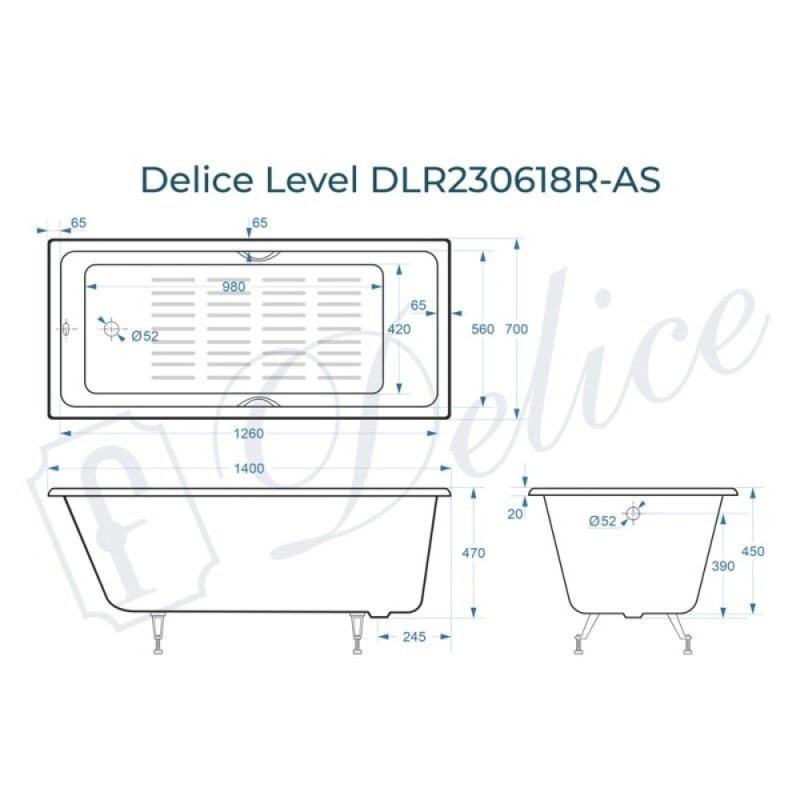 Ванна чугунная Delice Level DLR230618R-AS, 140 х 70 см, антискользящее покрытие, с отверстиями под ручки, без ручек, цвет белый