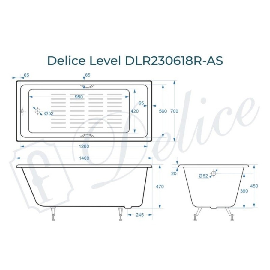 Ванна чугунная Delice Level DLR230618R-AS, 140 х 70 см, антискользящее покрытие, с отверстиями под ручки, без ручек, цвет белый