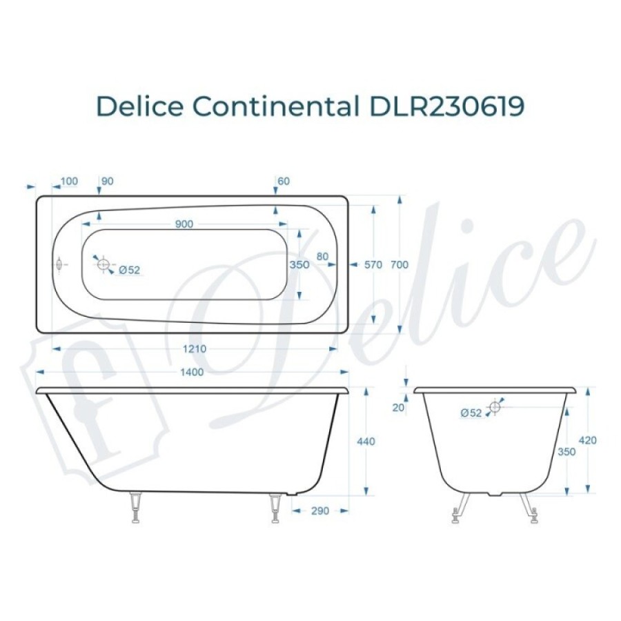 Ванна чугунная Delice Continental DLR230619, 140 х 70 см, без покрытия, без ручек, цвет белый