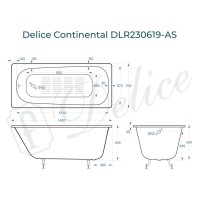 Ванна чугунная Delice Continental DLR230619-AS, 140 х 70 см, антискользящее покрытие, без ручек, цвет белый