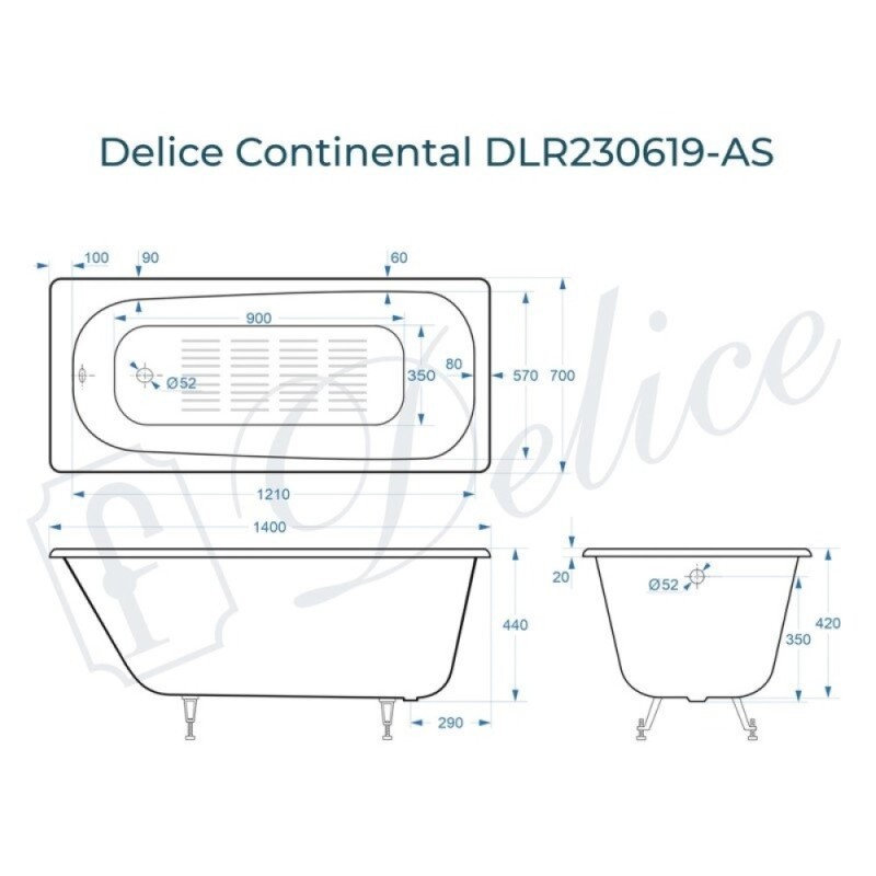 Ванна чугунная Delice Continental DLR230619-AS, 140 х 70 см, антискользящее покрытие, без ручек, цвет белый