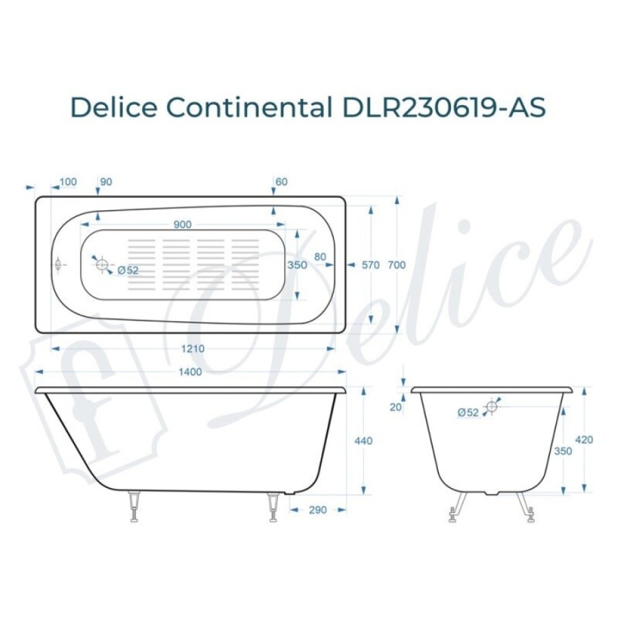 Ванна чугунная Delice Continental DLR230619-AS, 140 х 70 см, антискользящее покрытие, без ручек, цвет белый