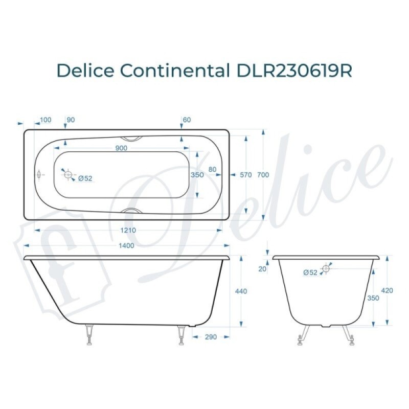 Ванна чугунная Delice Continental DLR230619R, 140 х 70 см, без покрытия, с отверстиями под ручки, без ручек, цвет белый