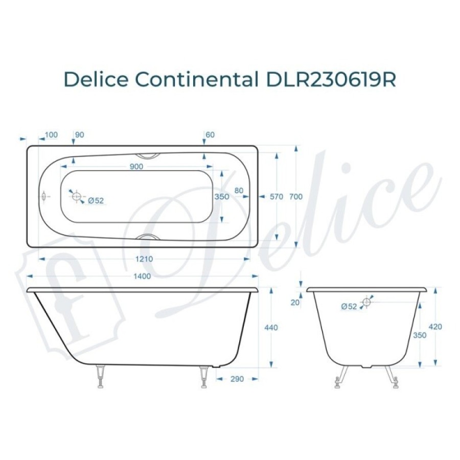 Ванна чугунная Delice Continental DLR230619R, 140 х 70 см, без покрытия, с отверстиями под ручки, без ручек, цвет белый