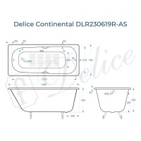 Ванна чугунная Delice Continental DLR230619R-AS, 140 х 70 см, антискользящее покрытие, с отверстиями под ручки, без ручек, цвет белый